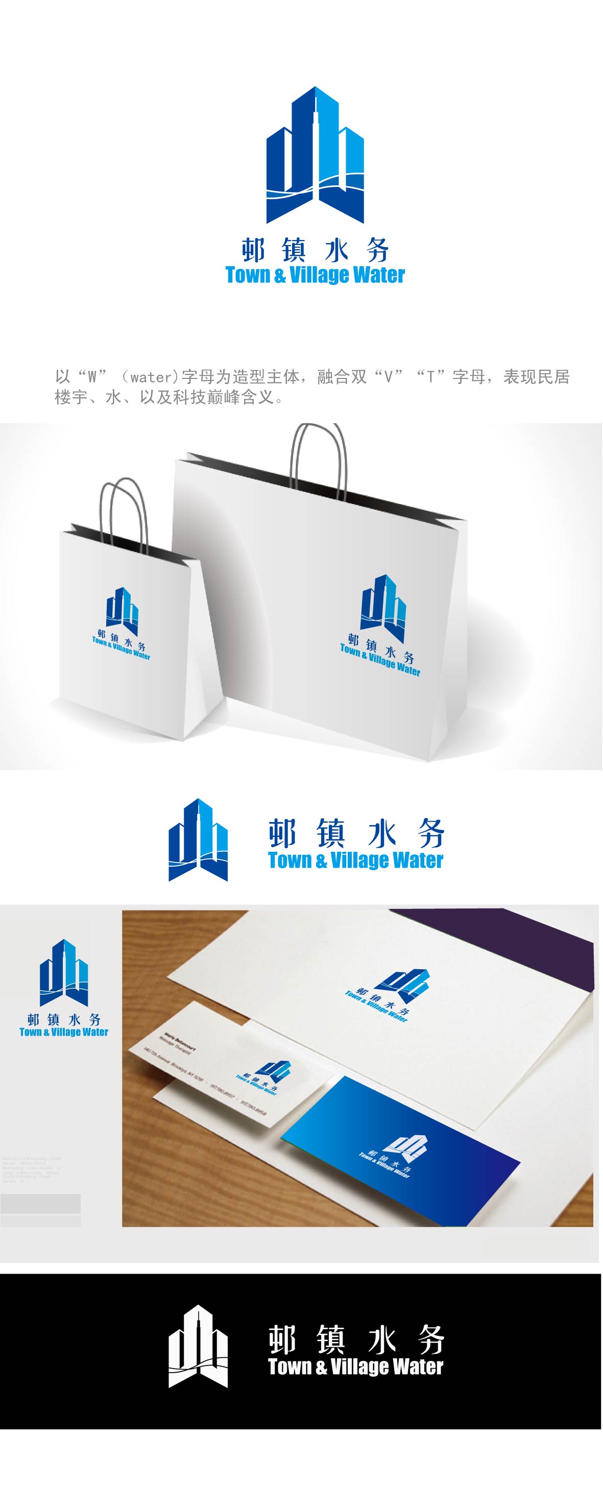 设计江苏"邨镇水务"的字体和图形logo加名片等